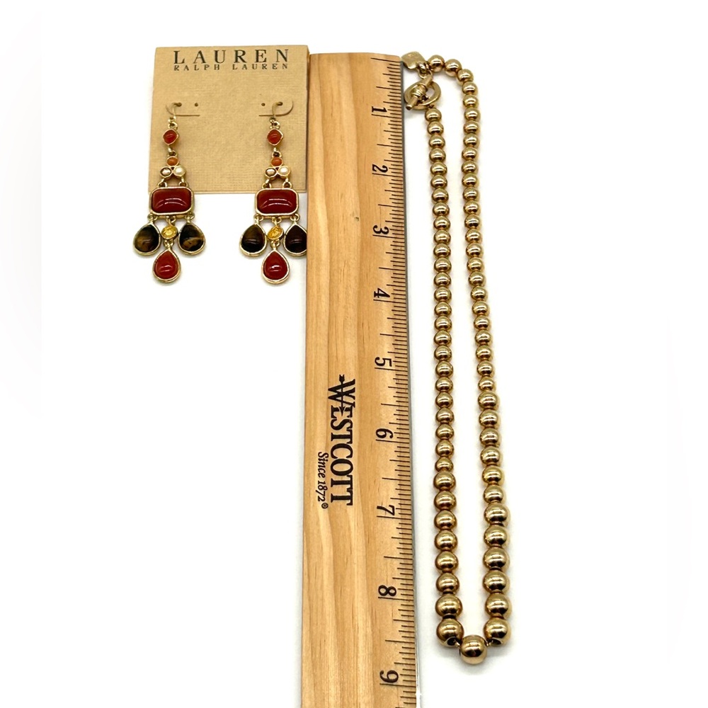 NWT Ralph Lauren Dangle Earrings & Gold Tone Graduated Bead Toggle Necklace 17" - Picture 13 of 16